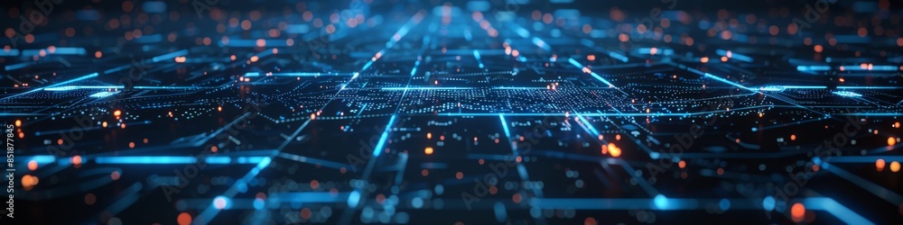 Poster dark tech background showcasing a fragmented grid with broken connections, illuminated by sporadic n