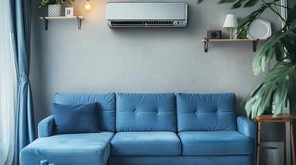 Modern air conditioner on the wall, modern apartment, blue furniture elements. Generative AI.