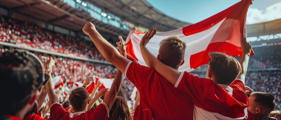Austria football supporter fans cheering with confetti watching soccer match event at stadium - Young people group with Red and white t-shirts having excited fun on sport european championship concept