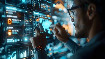 company executive shows a digital financial analysis of the company. digital visualization of business finance. business finance, digital transformation in finance, financial data concept	