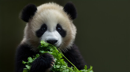 Obraz premium A giant panda cub munching on fresh green cilantro, with a soft-focused green background. Copy space.