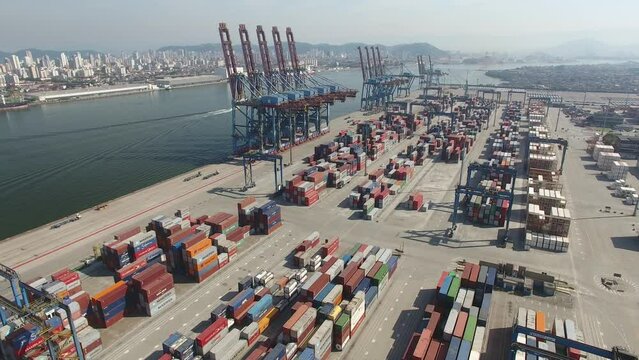 Aerial view of containers at the Barnab&eacute; Island Seaport, part of the Porto do Santos estuary - Santos, S&atilde;o Paulo, Brazil