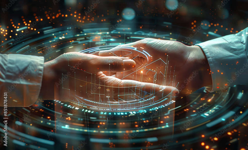 Poster closeup hand, businessman hold hands, overlay with line data hologram stock, computer. generative ai