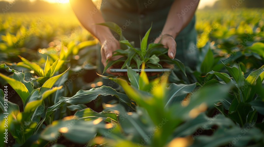 Aufkleber blurred image. farmers use tablets to analyze data and experiment with growing corn. ai data innovat