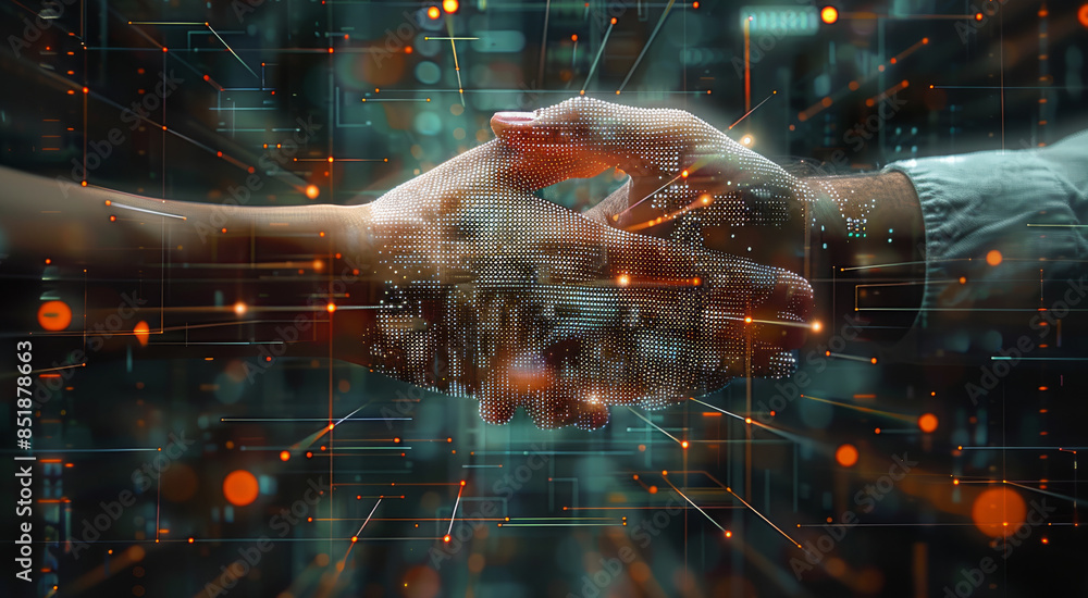 Poster closeup hand, businessman hold hands, overlay with line data hologram stock, computer. generative ai