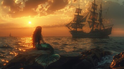 Beautiful mysterious mermaid sitting on a rock in sea at sunrise with a vintage sailing ship. © rabbit75_fot