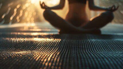 Obraz premium Yoga mat with a close-up view, while the blurred silhouette of a woman practicing yoga