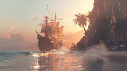 Obraz premium Sailing ship parked by island with palm tree beach