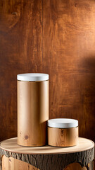 product display podium, Empty Flat horizontal cylindrical product stand with product presentation space, cosmetic background, rustic brown timber podium for cosmetic, perfume product presentation, ad