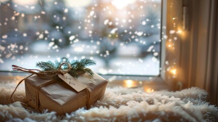 A beautifully wrapped gift with a handwritten tag, set against a backdrop of a snowy window and a warm, cozy interior. 