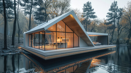 A minimalist cabin in the shape of an inverted triangle, located on water with forest trees surrounding it. The exterior walls feature white and grey tone, creating a sleek appearance. Generative AI.