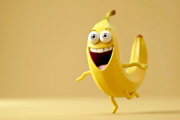 3D render of a cartoon banana character running with a happy face