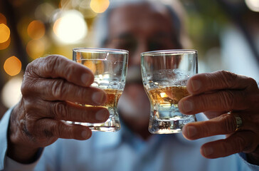 Sophisticated mature men toasting with tequila shots, light, daytime. Generative AI.