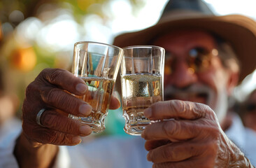 Sophisticated mature men toasting with tequila shots, light, daytime. Generative AI.