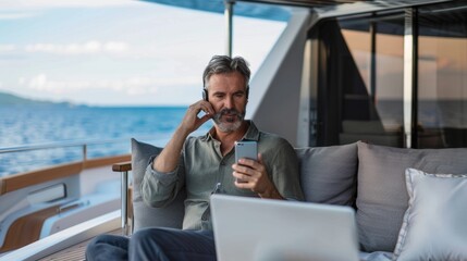 Mid-aged male making phone call at work on deck of a luxury yacht.