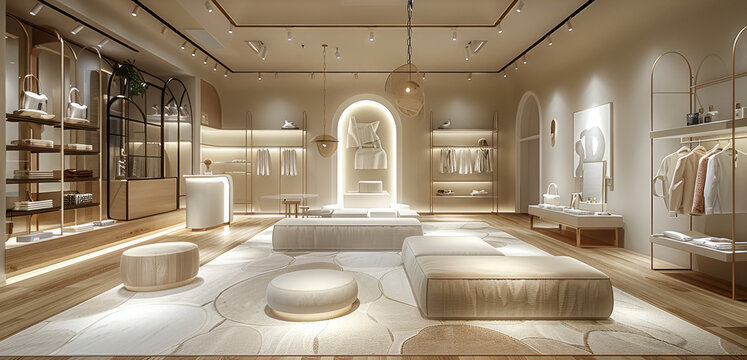 A large space for a fashion store, high class and clean, the layout is categorized, a clothing display area and lounge area, models, clothing, lounging. Generative AI.