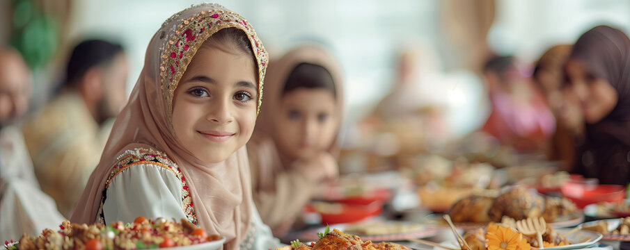 A close-up photo of a Muslim Eid al-Fitr celebration with families and friends gathering for a feast, exchanging gifts, and celebrating the end of Ramadan.
