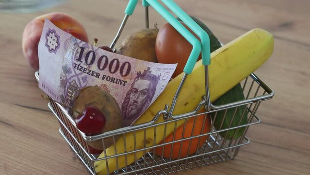Food prices in Hungary, Economic concept, Rising Inflation and the rising cost of living for Hungarians. A grocery basket to which more banknotes are added, Hungarian forint