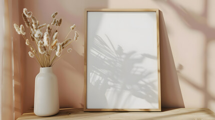 Mock-up of an empty wooden frame with space for copying, a retro coloured wall and a vase with dried flower decoration.