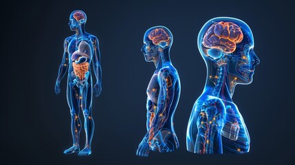 3D digital illustration of a human body with highlighted internal organs.