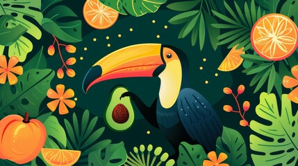 A toucan with a vibrant beak surrounded by tropical fruits and foliage. The toucan is holding an avocado in its beak.
