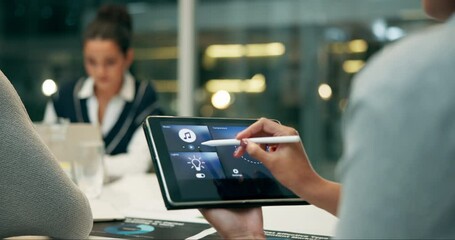 Screen, hands and music for meeting, tablet and closeup of employee, night and working late for deadline. Business, online and digital for ux specialist, people and project for ebook and promotion