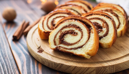 Homemade sliced cinnamon swirl bread on wooden board. Tasty sweet food. Delicious and fresh bakery