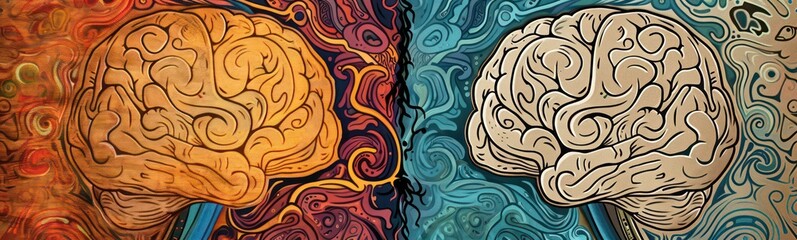 Obraz premium Left right human brain concept, textured illustration. Creative left and right part of human brain, emotional and logic parts concept with social and business doodle illustration of left side, and art