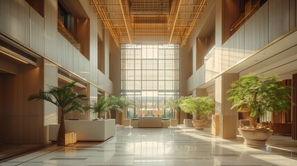 A hotel lobby with a high ceiling and a glass curtain wall on the right side, inspired by Japanese architecture. Generative AI.