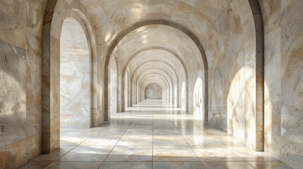 Obraz premium Elegant marble corridor with archway design, showcasing timeless architecture and natural light streaming in, creating a serene atmosphere.