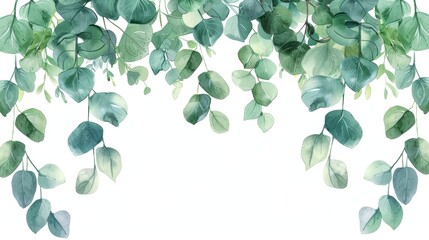 Elegant watercolor greenery leaves hanging in a lush arrangement on a white background. Perfect for wedding invitations, cards, and designs.
