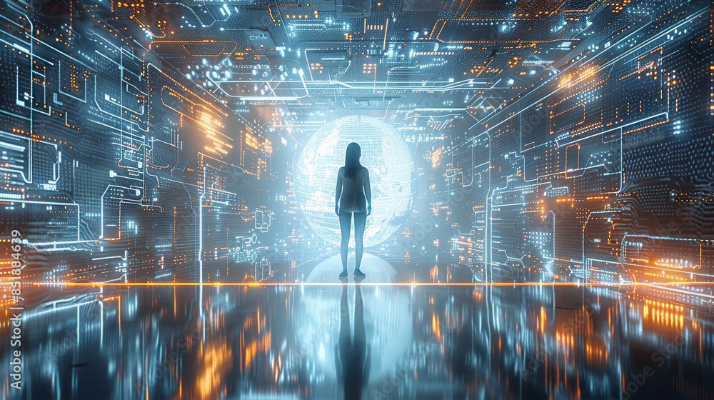 Fototapete A office person cheerfully looking at a path, with ai on the screen, presenting AI future potential in the business world by creating a journey for the customer. Generative AI.