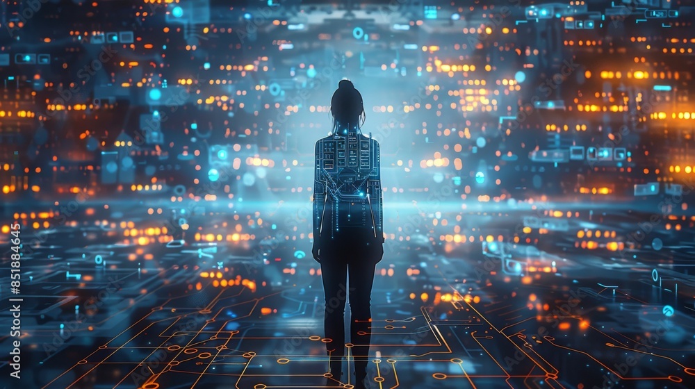 Poster a office person cheerfully looking at a path, with ai on the screen, presenting ai future potential 