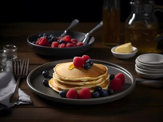 Stack of pancakes with berries and honey.