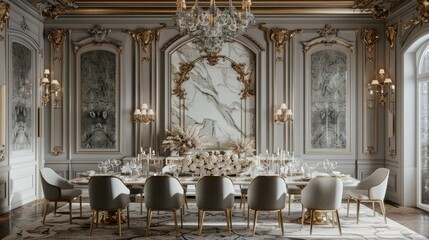 Luxurious dining room with elegant decor, featuring a grand chandelier, ornate wall paneling, and a lavishly set table ready for a feast.