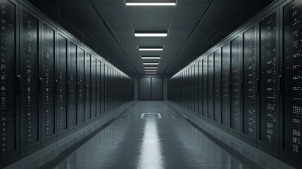 Fototapeta premium Modern data center corridor with rows of server racks, illuminated by overhead lights. High-tech, secure, and organized environment.