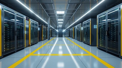 Modern data center with advanced server racks and clean, well-lit aisles, representing high-tech computing and data storage solutions.
