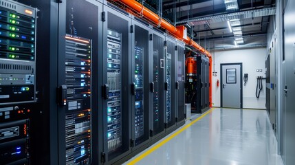 Modern data center with server racks and network equipment in a well-lit, industrial setting, showcasing advanced technology infrastructure.