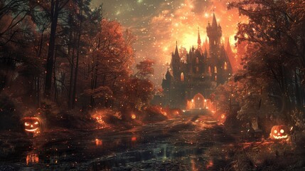 Spooky Halloween scene with a glowing haunted castle, jack-o'-lanterns, and dark, eerie forest under an ominous night sky.