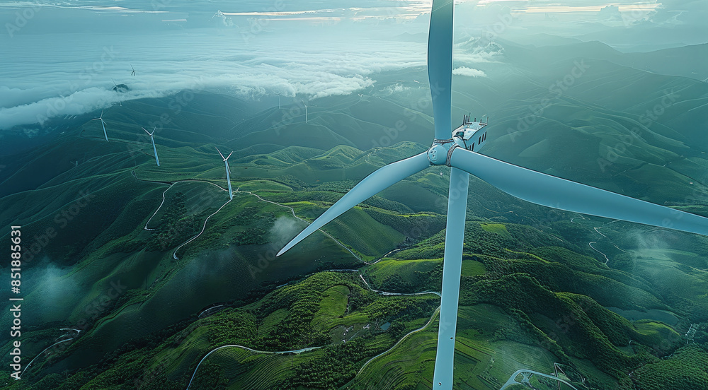 Poster top view of a wind turbines. generative ai.