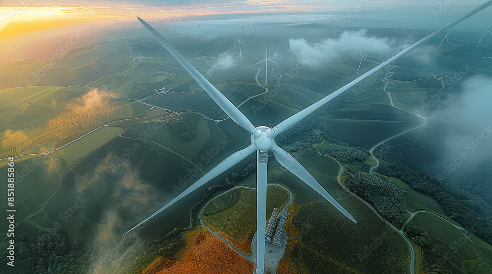 Poster top view of a wind turbines. generative ai.