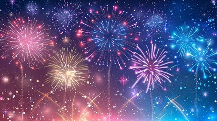 Naklejka premium A celebratory background of colorful fireworks exploding in a clear, starry night sky