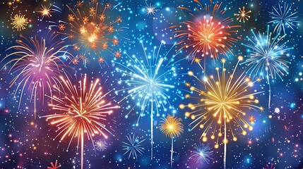 Fototapeta premium A celebratory background of colorful fireworks exploding in a clear, starry night sky