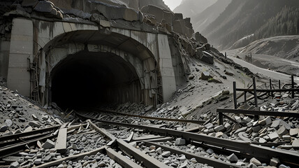 Naklejka premium A collapsed tunnel in a mountain, with rubble blocking the entrance and exposed rebar, showing the destructive force of wartime explosions on transportation routes in black and white