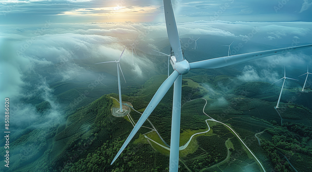 Poster top view of a wind turbines. generative ai.