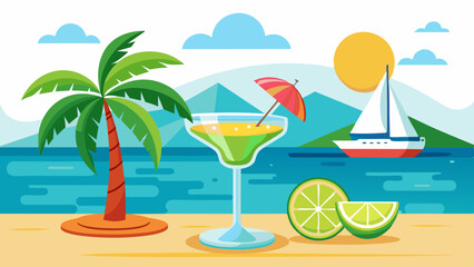 Obraz premium Tropical beach with a cocktail featuring an umbrella, lime slices, a palm tree, and a sailboat on the water against a backdrop of mountains and a sunny sky