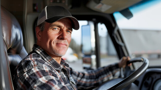 Truck driver in a truck is smiling and driving