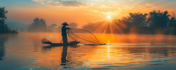 A fisherman casting a net into a tranquil lake at dawn.