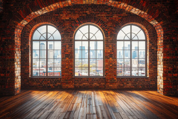 Fototapeta premium empty room with wooden floors and red brick walls, featuring three arched windows that offers city views