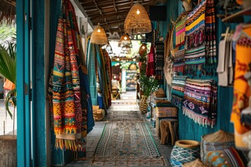 Obraz premium A colorful display of rugs and blankets in a market. The colors are bright and the atmosphere is lively